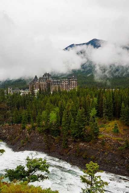 The Fairmont Banff Springs and Bow Falls on rain